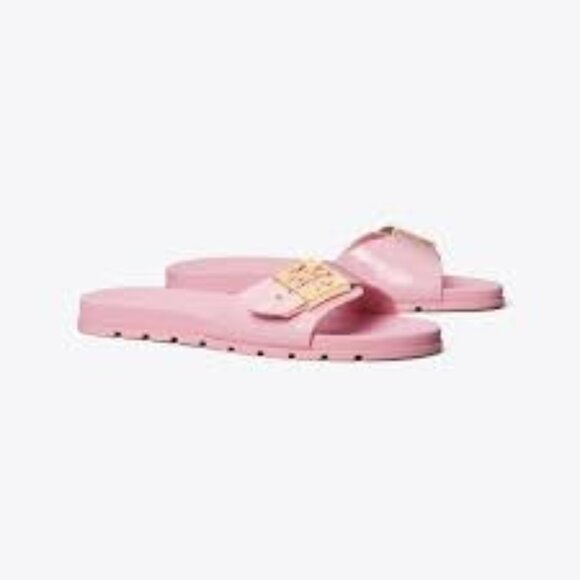 TORY BURCH MELLOW SLIDES SZ 9 LEATHER ROSA CANDY PINK COMFORT SANDALS - Picture 1 of 8